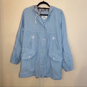 CURRENT SEEN LONG BLUE LIGHTWEIGHT BUTTON DOWN JACKET WITH HOOD